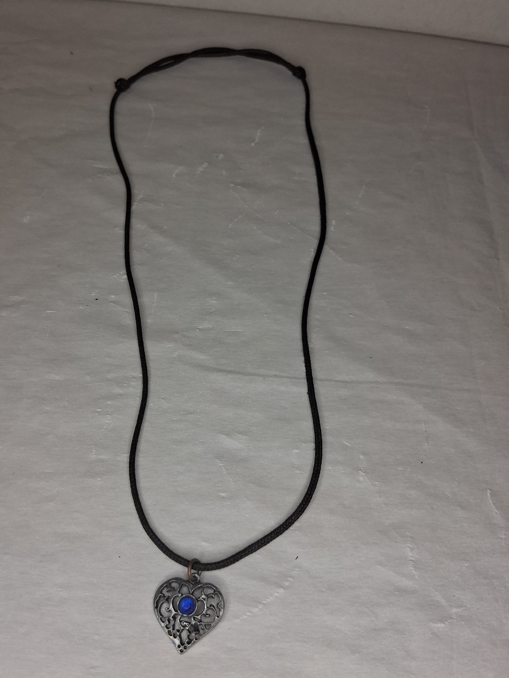 Heart Filigree Pendant Necklace with Blue Accent on Black Cord